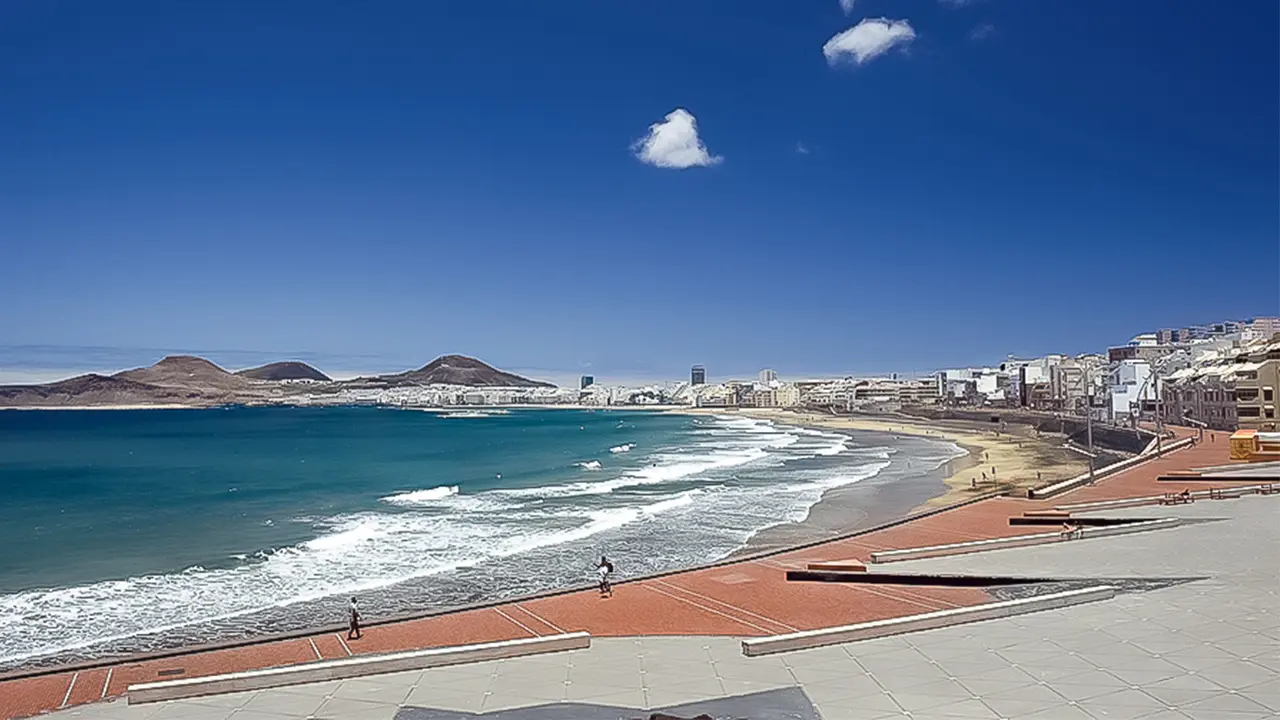 Panoramic view of Las Canteras beach and promenade in Las Palmas de Gran Canaria