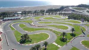 Aerial view of a beachside go-karting circuit in Gran Canaria