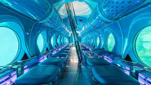 Futuristic interior of the submarine with panoramic underwater viewing windows